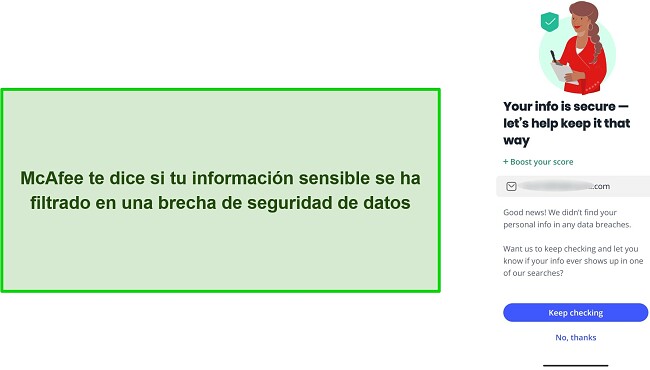 Captura de pantalla del verificador de violación de datos de McAfee