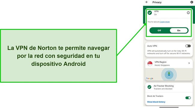 Captura de pantalla de la VPN de Norton Mobile Security mientras está conectado