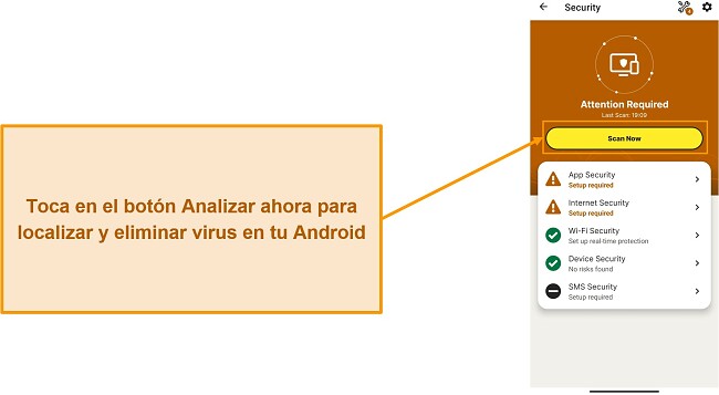 Captura de pantalla que muestra cómo iniciar un análisis en Norton Mobile Security