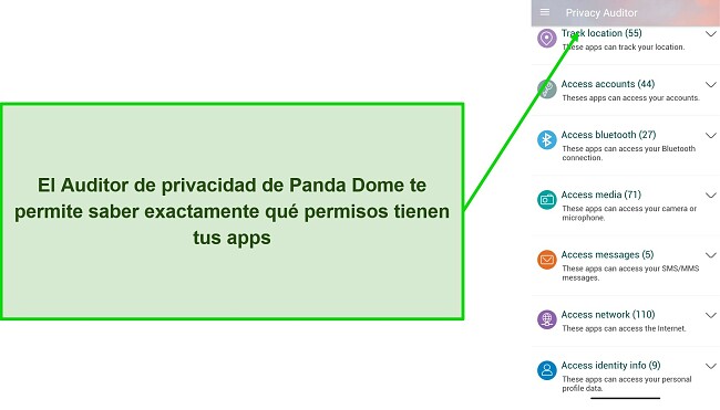 Captura de pantalla que muestra la función Auditor de privacidad de Panda Dome