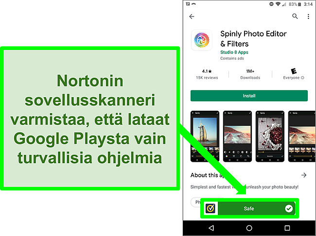 Kuvakaappaus sovelluksesta Google Play Kaupassa, joka on merkitty turvalliseksi Norton -skannauksen avulla.