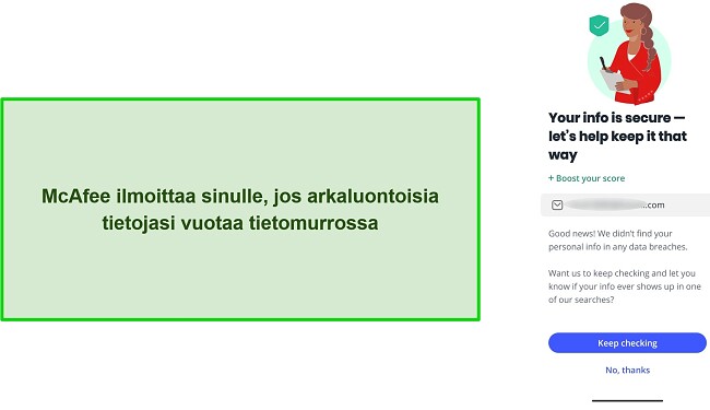 Kuvakaappaus McAfeen tietomurtojen tarkistuksesta