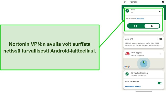 Kuvakaappaus Norton Mobile Securityn VPN:stä yhteyden ollessa kytkettynä