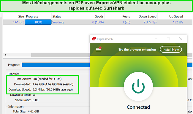 Capture d'écran d'ExpressVPN connecté pendant le torrent.