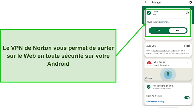 Capture d'écran du VPN de Norton Mobile Security en étant connecté