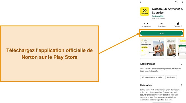 Capture d'écran de l'application officielle de Norton dans le Google Play Store