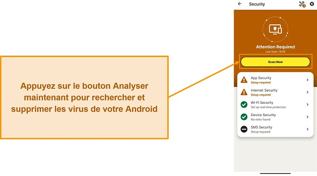 Capture d'écran montrant comment démarrer une analyse dans Norton Mobile Security