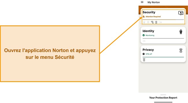 Capture d'écran montrant comment ouvrir le menu Sécurité dans Norton Mobile Security