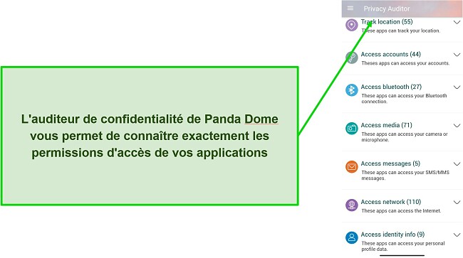 Capture d'écran montrant la fonctionnalité d'audit de confidentialité de Panda Dome