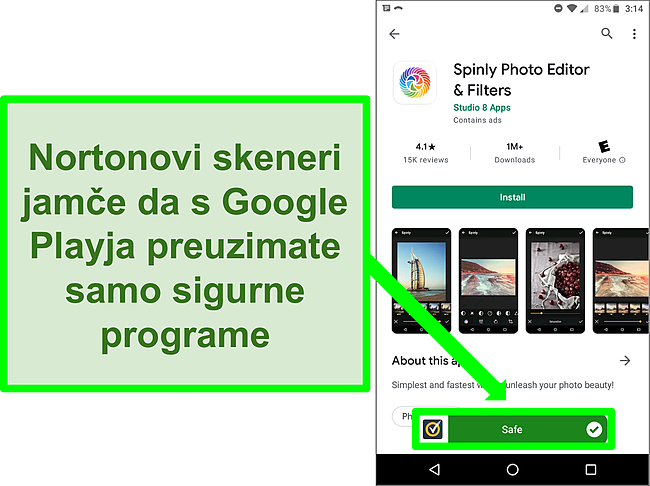 Snimka zaslona aplikacije u trgovini Google Play koja je Nortonovim skeniranjem označila 