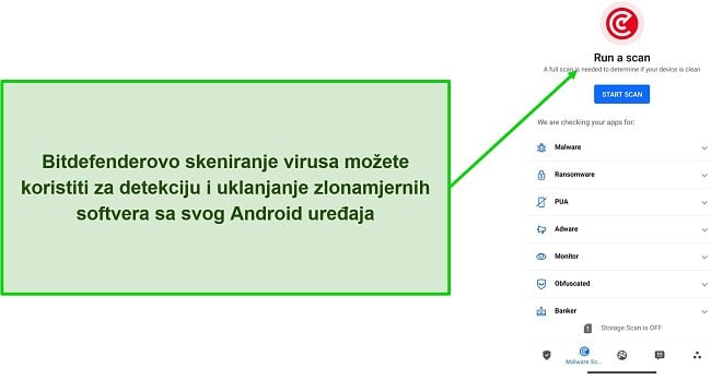 Snimka zaslona Bitdefender Mobile Security skeniranja virusa