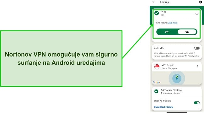 Snimka zaslona Norton Mobile Security VPN-a dok je povezan