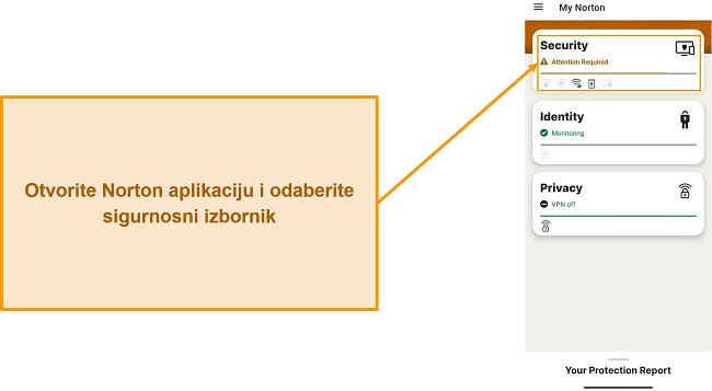 Snimka zaslona koja pokazuje kako otvoriti izbornik Sigurnost u programu Norton Mobile Security