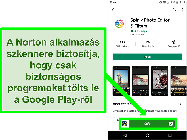 Képernyőkép egy olyan alkalmazásról a Google Play Áruházban, amelyet egy Norton -vizsgálat 