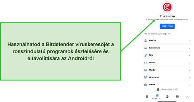 Képernyőkép a Bitdefender Mobile Security víruskereséséről