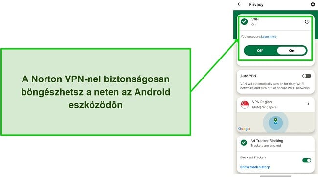 Képernyőkép a Norton Mobile Security VPN-jéről csatlakozás közben