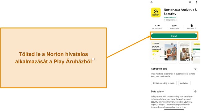 Képernyőkép a Norton hivatalos alkalmazásáról a Google Play Áruházban