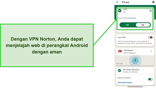 Cuplikan layar VPN Norton Mobile Security saat terhubung