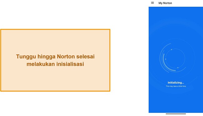 Tangkapan layar dari Norton Mobile Security yang diinisialisasi untuk pertama kali