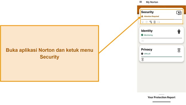 Cuplikan layar menunjukkan cara membuka menu Keamanan di Norton Mobile Security