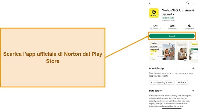 Screenshot dell'app ufficiale di Norton nel Google Play Store