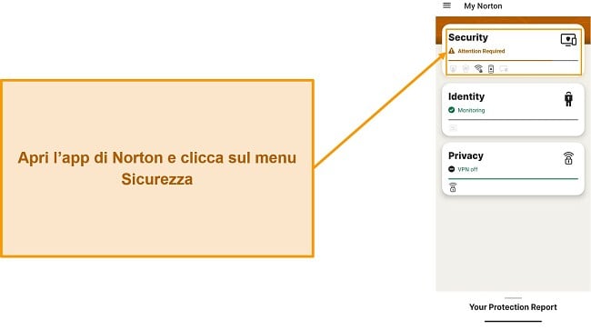 Screenshot che mostra come aprire il menu Sicurezza in Norton Mobile Security