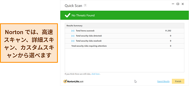ノートンのマルウェア対策スキャンオプションのスクリーンショット。