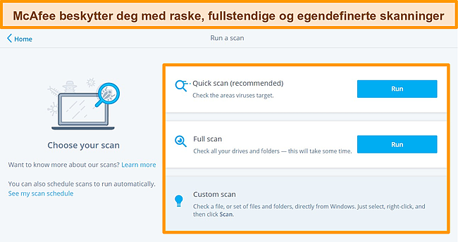 Skjermbilde av McAfee antivirus -appen med raske, fulle og tilpassede skannealternativer.