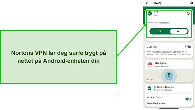 Skjermbilde av Norton Mobile Securitys VPN mens du er tilkoblet