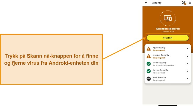 Skjermbilde som viser hvordan du starter en skanning i Norton Mobile Security