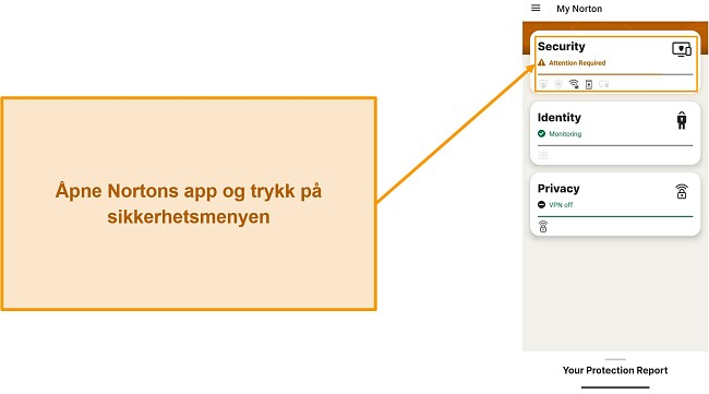 Skjermbilde som viser hvordan du åpner Sikkerhet-menyen i Norton Mobile Security