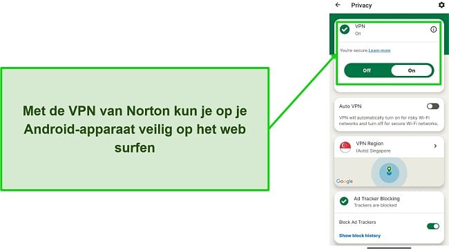 Screenshot van de VPN van Norton Mobile Security terwijl deze verbonden is