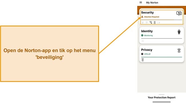 Schermafbeelding die laat zien hoe u het menu Beveiliging opent in Norton Mobile Security