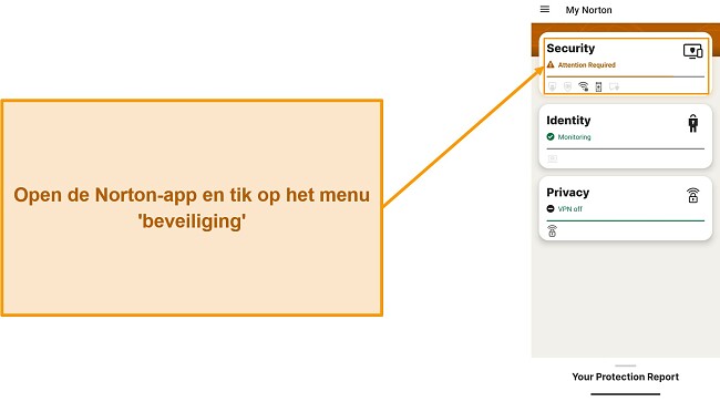 Schermafbeelding die laat zien hoe u het menu Beveiliging opent in Norton Mobile Security