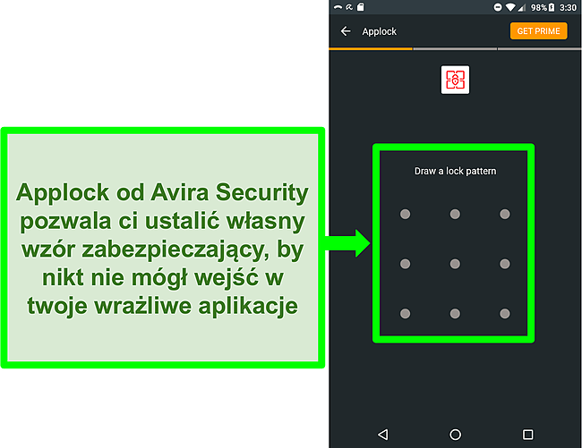 Zrzut ekranu funkcji Applock Aviry na Androidzie.