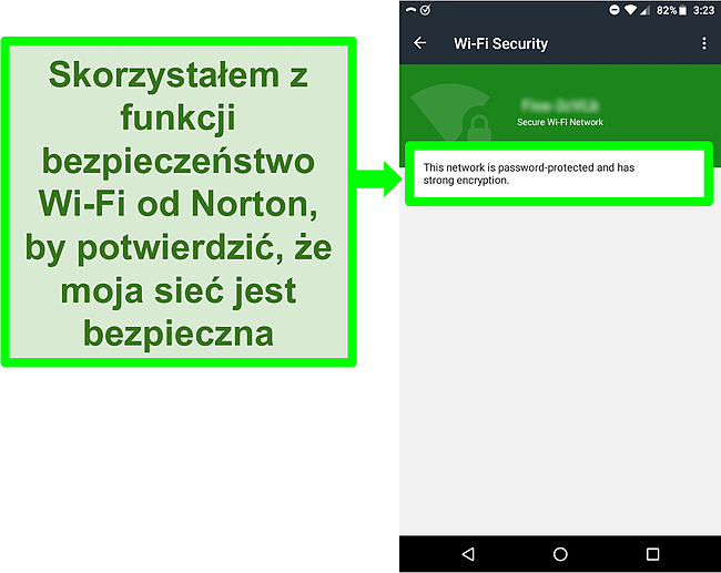 Zrzut ekranu skanowania sieci Wi-Fi w programie Norton Mobile Security przedstawiający bezpieczną sieć Wi-Fi.