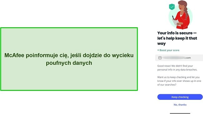 Zrzut ekranu narzędzia McAfee do sprawdzania naruszeń danych
