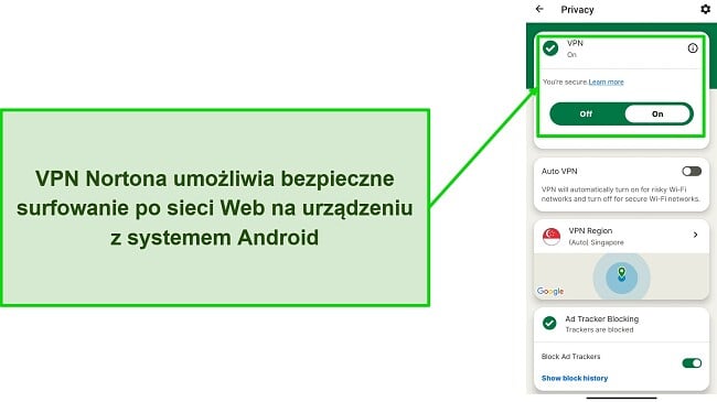 Zrzut ekranu przedstawiający połączenie VPN programu Norton Mobile Security podczas połączenia