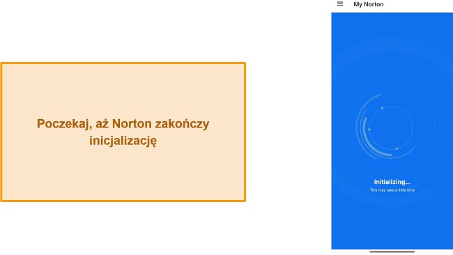 Zrzut ekranu przedstawiający inicjowanie programu Norton Mobile Security po raz pierwszy