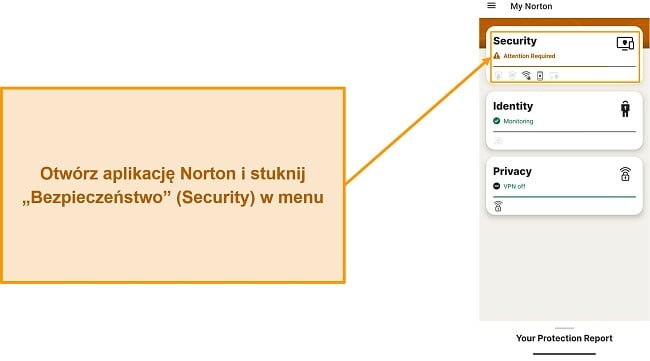 Zrzut ekranu pokazujący, jak otworzyć menu Zabezpieczenia w programie Norton Mobile Security