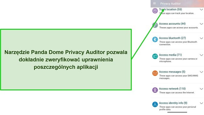 Zrzut ekranu przedstawiający funkcję Audytora prywatności Panda Dome