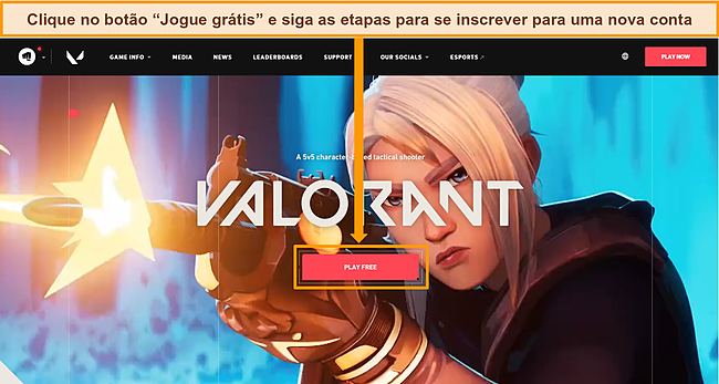 Captura de tela do site da Valorant com o botão Play Free destacado.