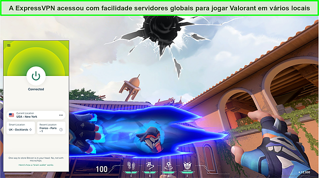 Captura de tela de Valorant jogando com ExpressVPN conectado a um servidor dos EUA.