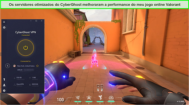 Captura de tela do CyberGhost conectado a um servidor dos EUA enquanto o Valorant está jogando em um PC.