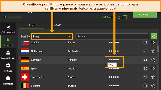 Captura de tela da lista de servidores IPVanish no aplicativo do Windows, destacando os servidores classificados por ping e a menor latência disponível na região.