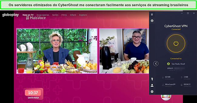 Captura de tela do CyberGhost conectado a um servidor brasileiro com streaming GloboPlay em segundo plano.