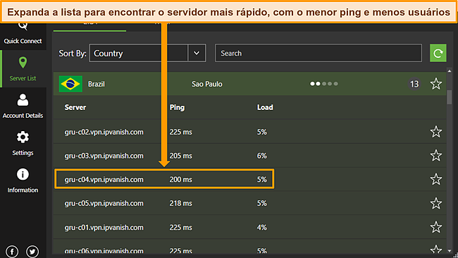Captura de tela da lista de servidores brasileiros do IPVanish com a melhor opção em destaque.
