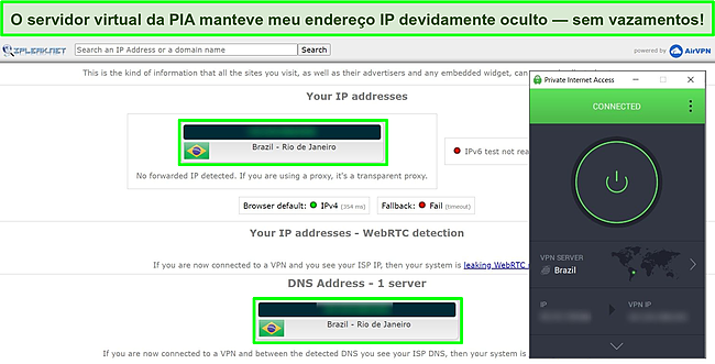 Captura de tela de um teste de vazamento de IP sem vazamento de dados, com PIA conectado a um servidor brasileiro.