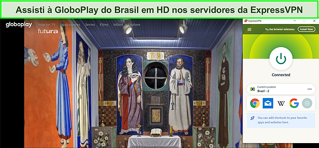 Captura de tela do serviço de streaming GloboPlay do Brasil reproduzindo um programa com ExpressVPN conectado a um servidor brasileiro.