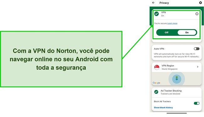 Captura de tela da VPN do Norton Mobile Security enquanto conectado